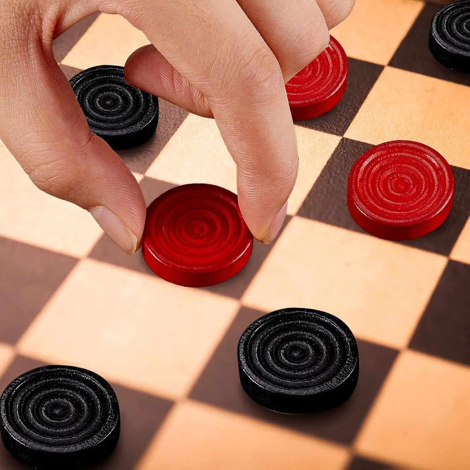 24ピース木製チェッカーセット、1.06フィートの赤と黒の積み重ね可能なピース、巾着ポーチ付き