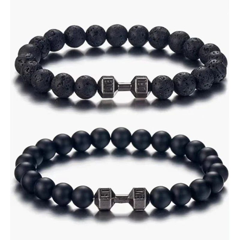 New Dumbbells Beaded Charm Bracelets For Men Women Natural Black Lava Stone Bangles Energy Yoga Fitness Barbell Jewelry Gifts