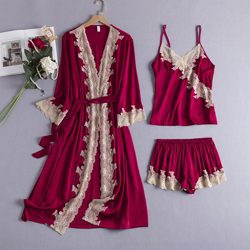 

Summer 3PCS Bathrobe Pajamas Set Women Sleepwear Lingerie Burgundy Lace Kimono Robe Gown Strap Top&shorts Pijamas Suit Home Wear