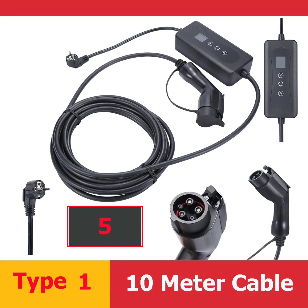 Type1 Type2 Type 1 2 Portable EV Car Charger With 16A to 8A Adjustable Current/10m Long Charging Cable