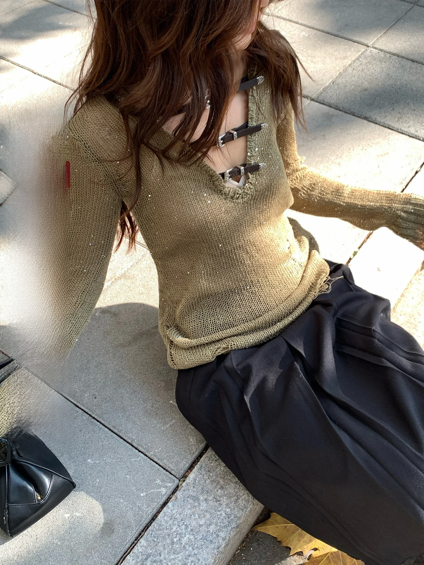 

MAR Autumn Winter Glitter Long Sve Slim Fit Women's Sweater Belt Bule Design Ele Top Vintage Sle Knitted Nylon