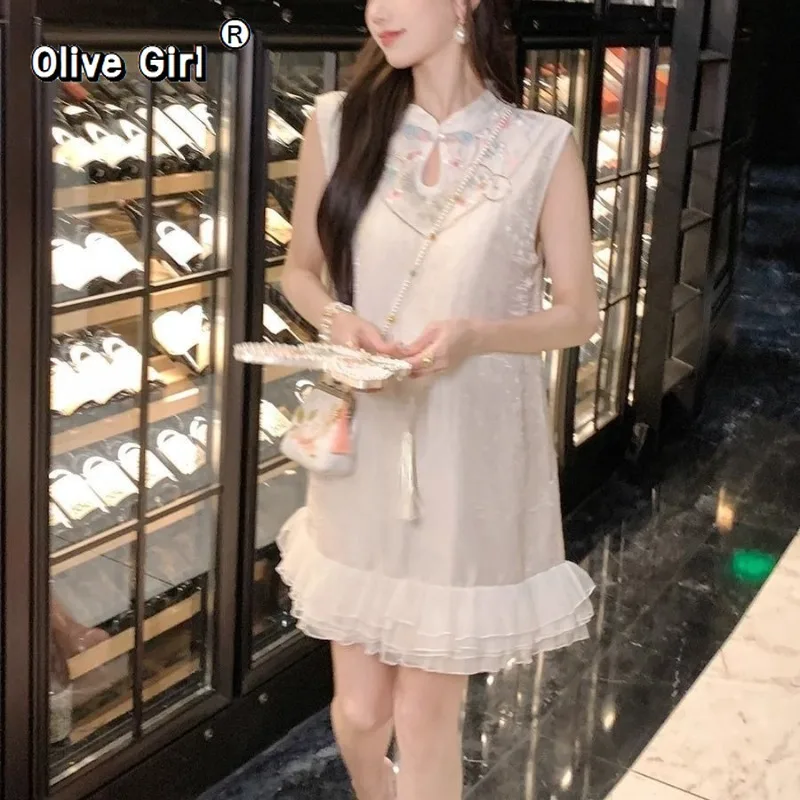 Olivegirl 2026 Summer Dress Sleeveless Chinese Embroidery Flower Versatile Temperament Qipao Thin Mesh Splicing Short Dresses
