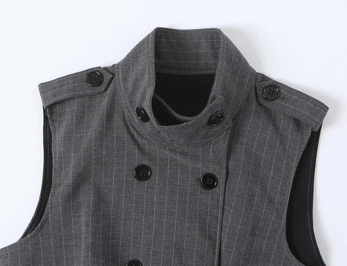 KONDALA Women 2026 Autumn Striped Folds Vest Vintage Slim Double Breasted Casual Streetwear Sleeveless Female Fashion Cool Top