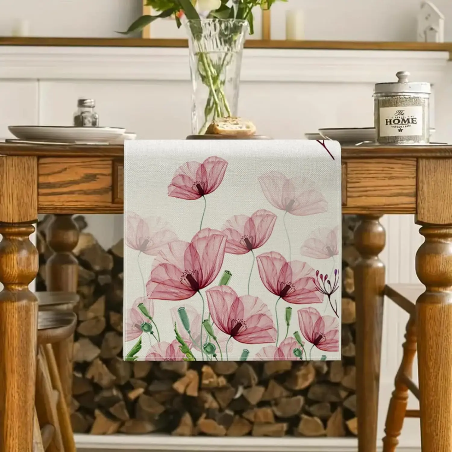 Pink Poppy Table Runner - 1PC Spring Summer Floral Flower Leaves Botanical Indoor Outdoor Kitchen Dining Cover