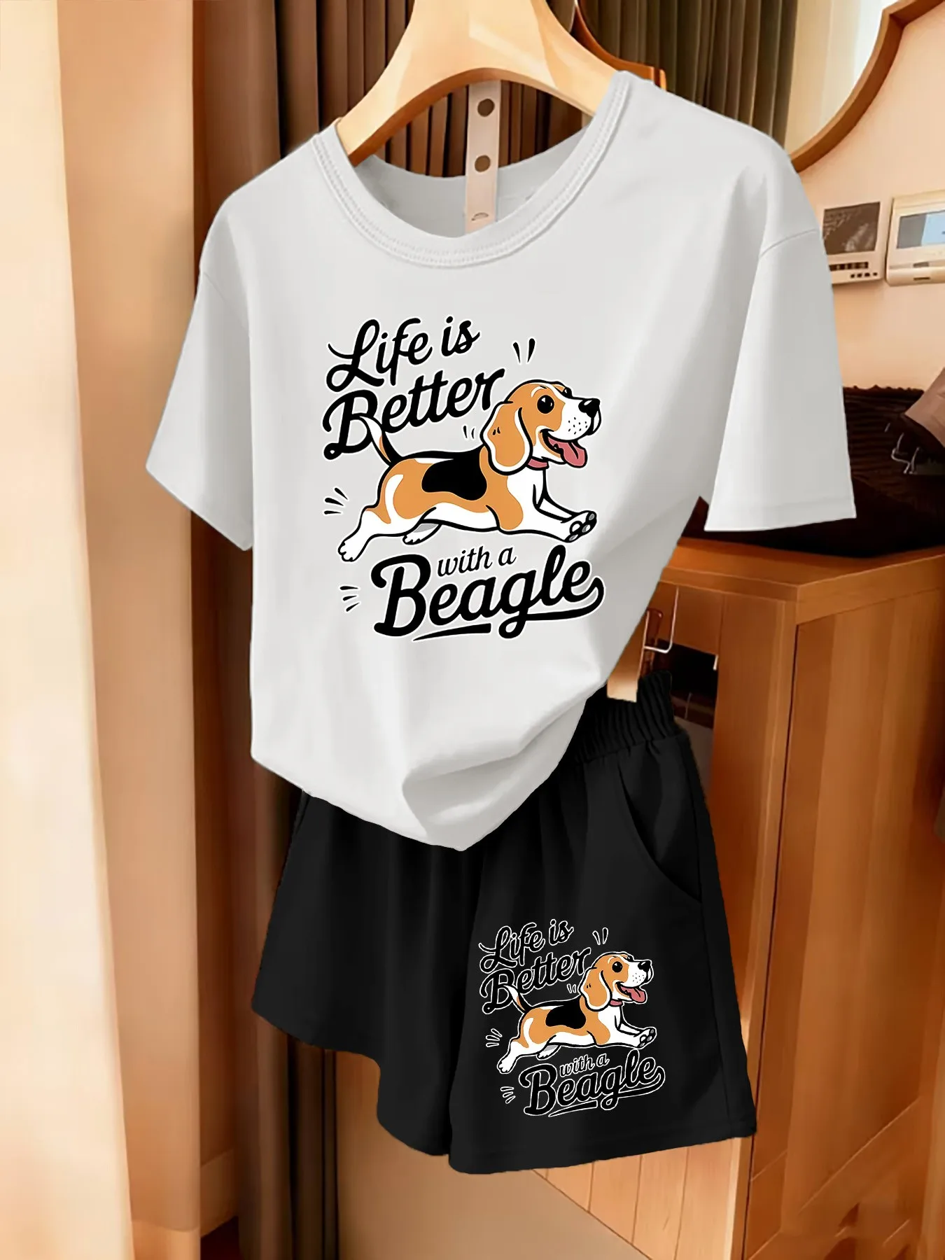 Summer women's suit with small dog letter print light and breathable casual and fashionable cute and sweet streetwear clothing