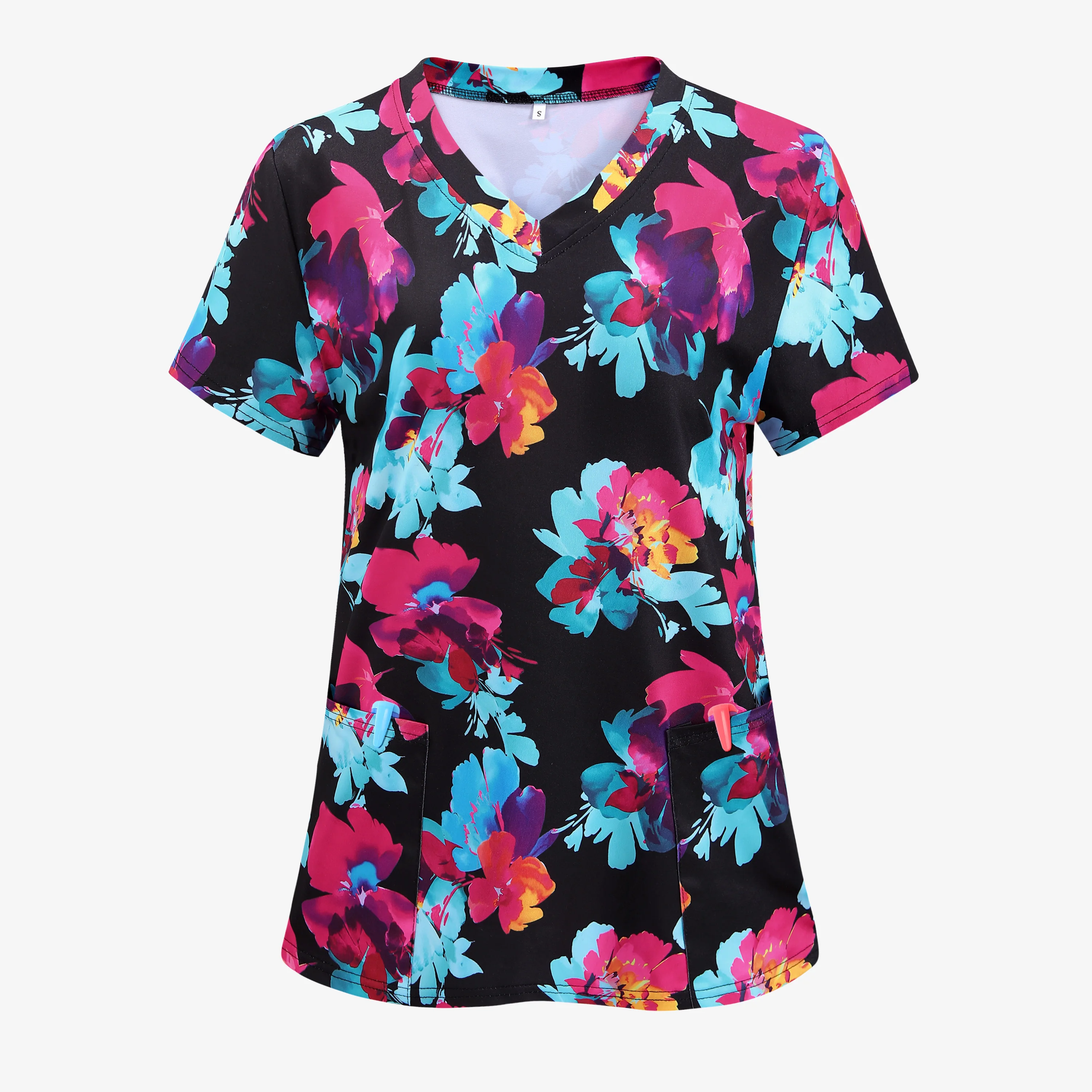 

XUANSHOW Womens Nurse Style Scrub Tops Summer Big Floral Print Short Sleeve Uniform V Neck Summer Casual Tees