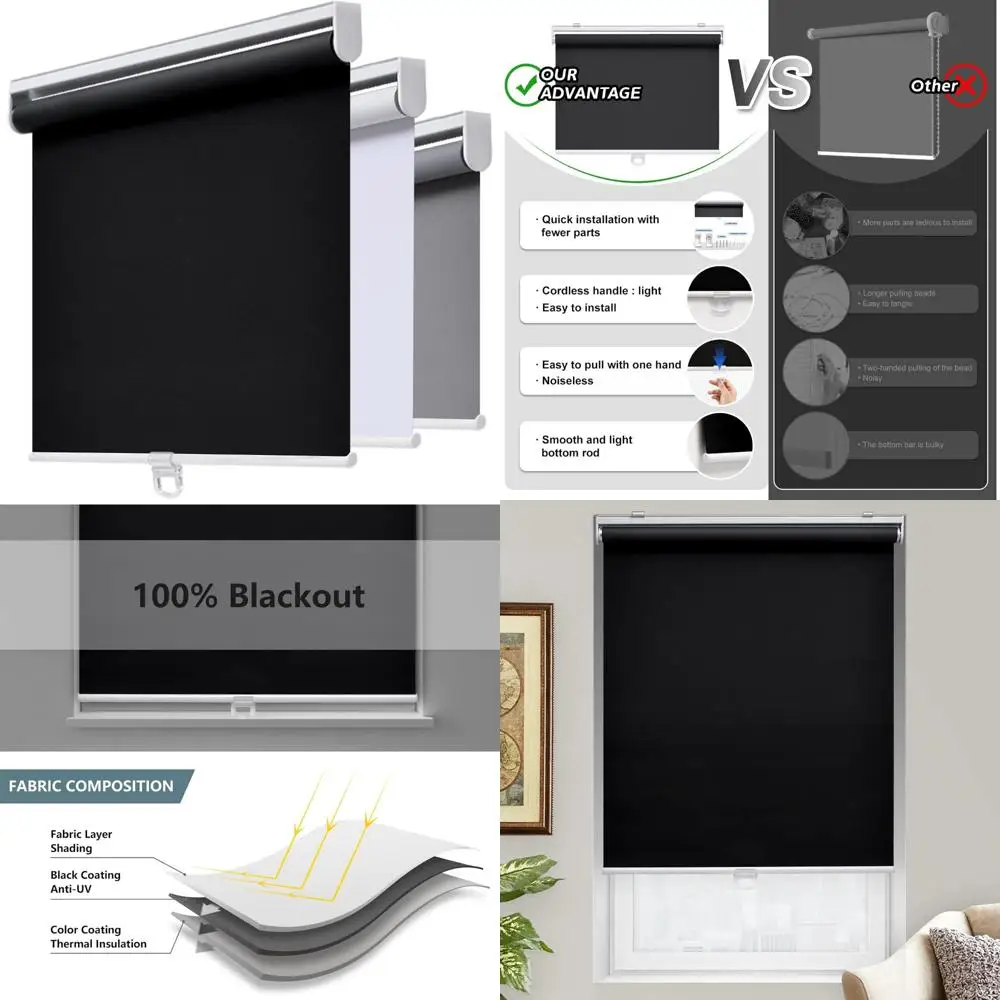 

Cordless Blackout Roller Shades for Windows - Room Darkening, UV Protection, Spring System, Easy Rolling Up Blinds
