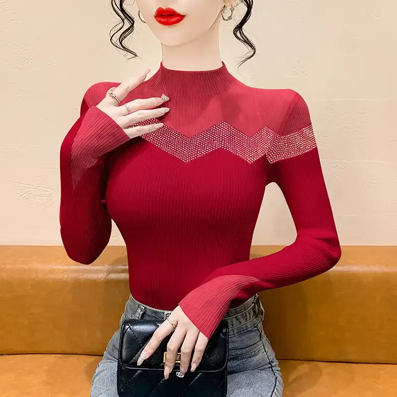 Nuova moda autunno inverno versatile dimagrante elegante top in maglia a maniche lunghe per donne alla moda