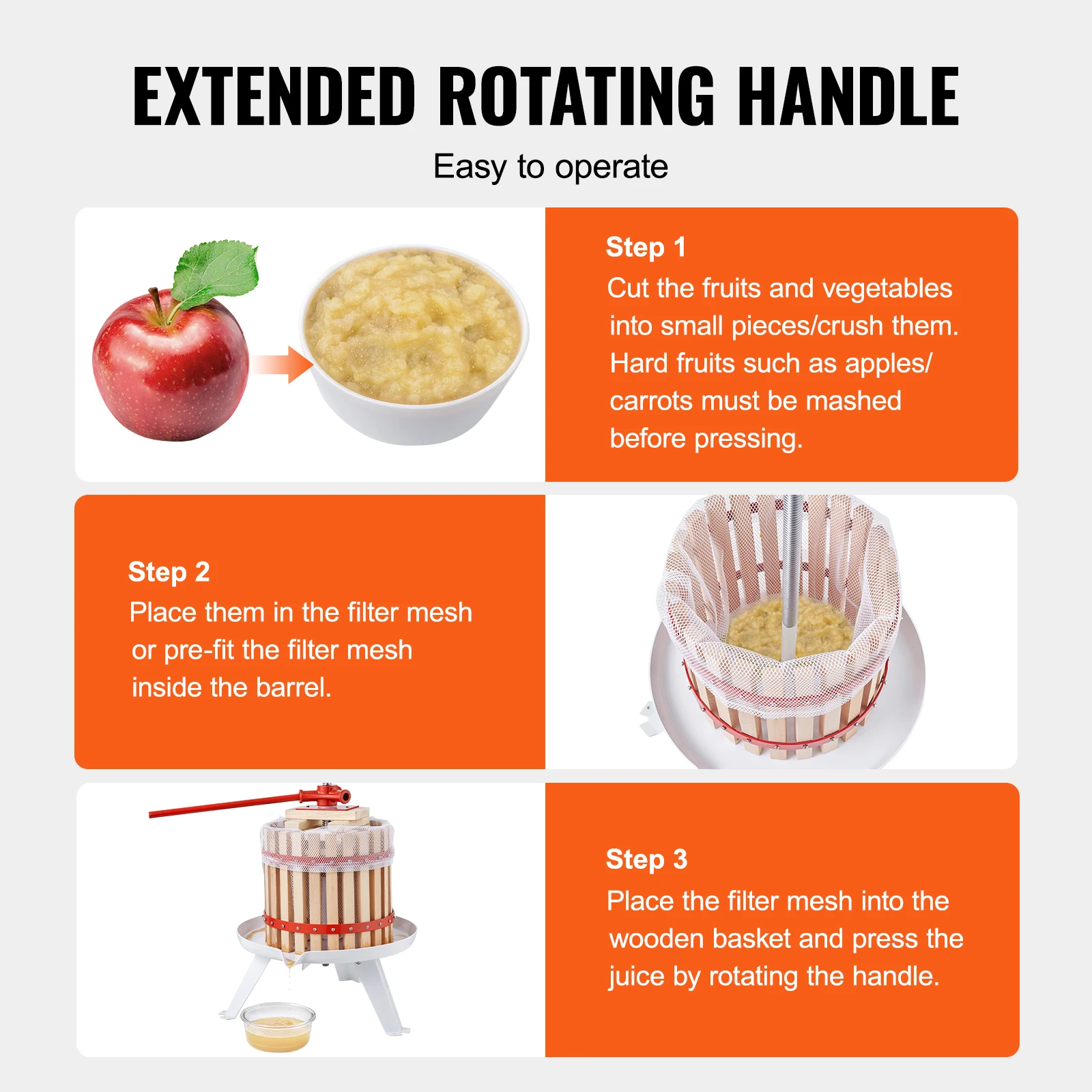 VEVOR ماكينة ضغط نبيذ الفاكهة 6L/18L/12L سلة من الخشب الصلب 6 أو 8 كتل صانع العصير اليدوي مع مقود القطب للمطبخ والمنزل