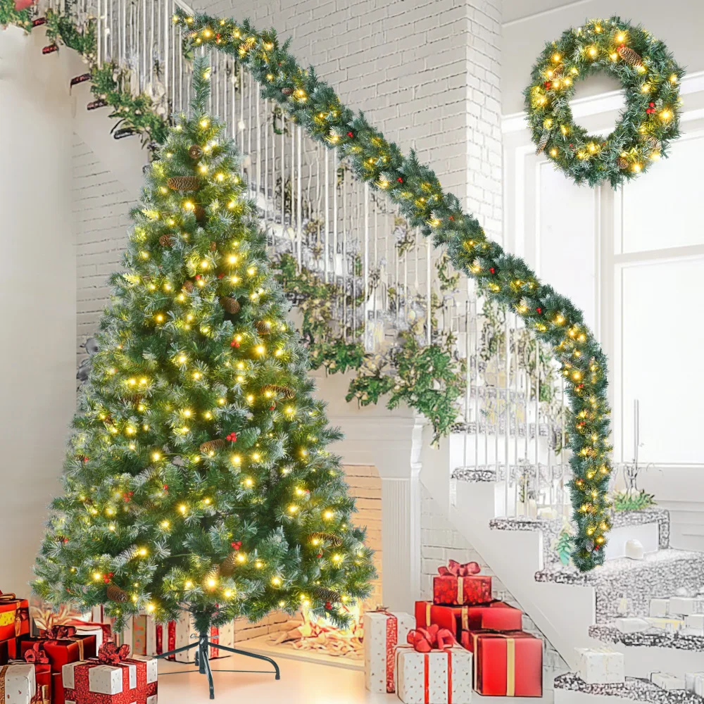 6FT Green Christmas Tree,Pre-Lit Set with Tree & Garland & Wreath,Hinged Artificial Xmas Tree,11 Colorful Modes,Decor Holiday