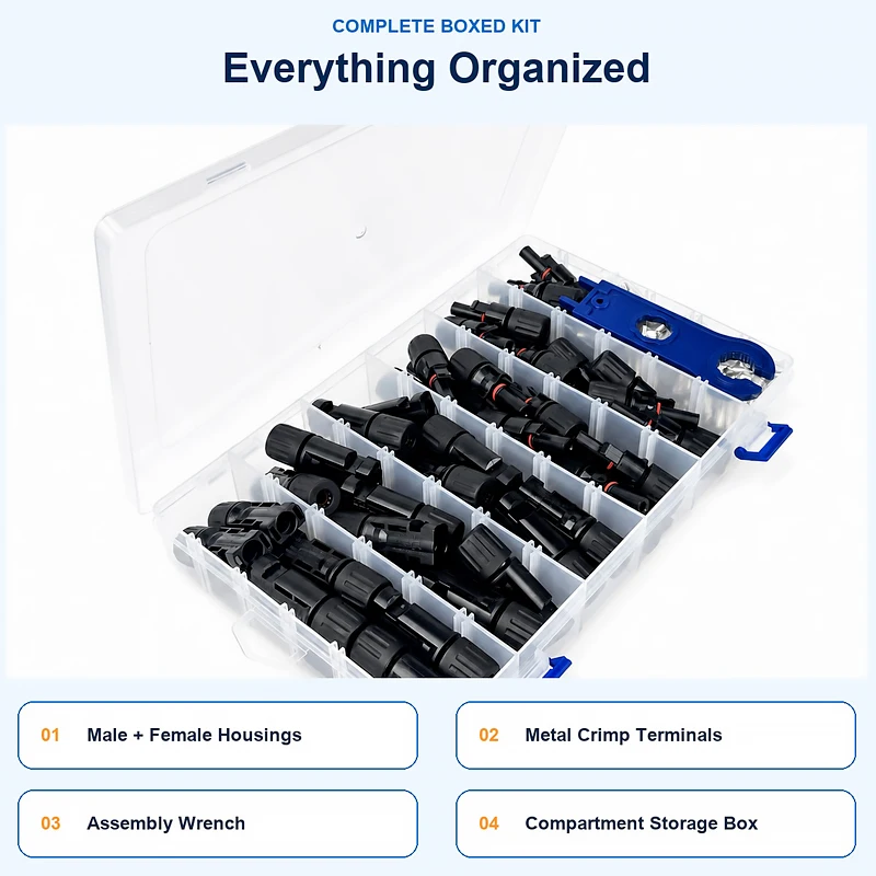 Solar Panel Connector Kit Male Female PV Cable Plugs Crimp Pins Assembly Wrench Organizer Box 5 15 25 30 Sets