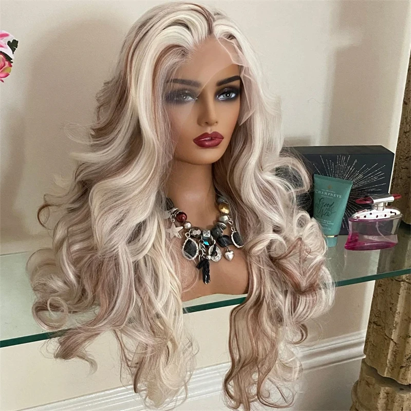 

Long Curly Synthetic Wigs Ombre Brown ash blonde Highlights Lace front wigs Soft Natural Lace Frontal Wigs Pre Plucked for Women