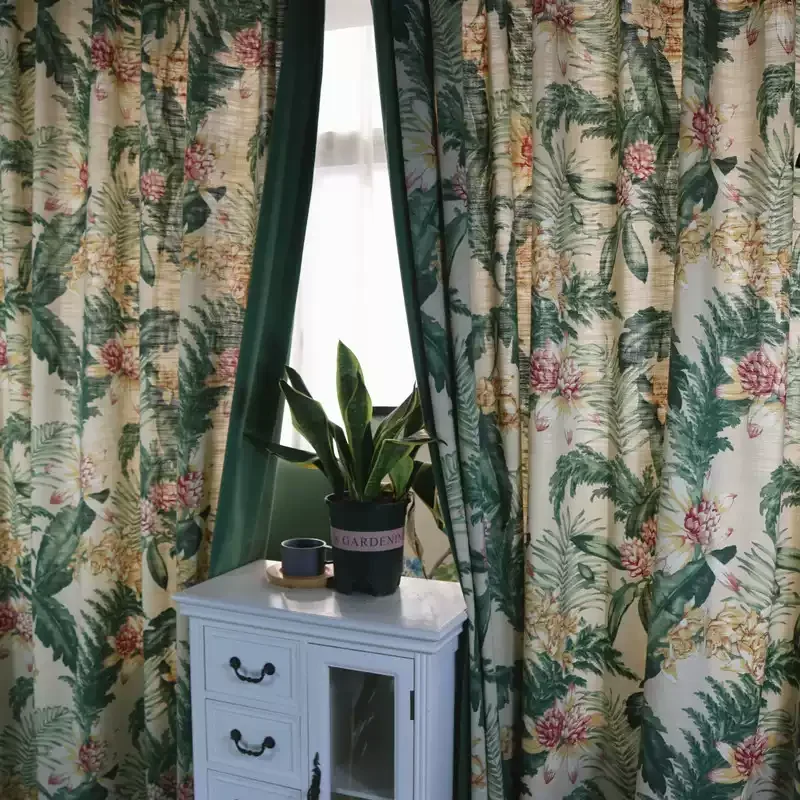 Custom Size American Splicing Printed Cotton and Linen Curtains Retro Country Style Bedroom Living Room Plant Flower Fabric Door
