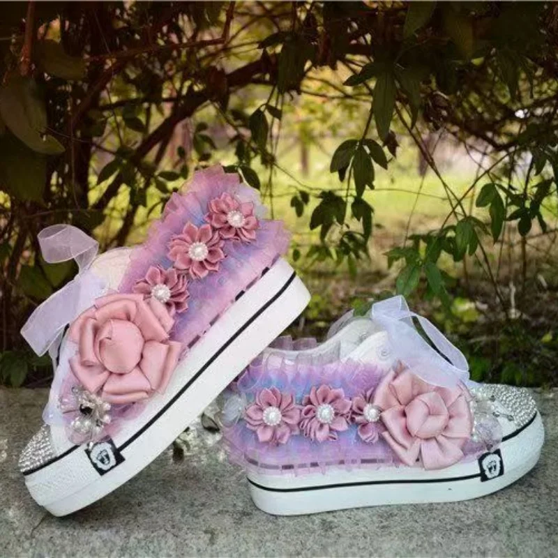 

White pearl flower rhinestone beaded tassel canvas shoes handmade custom comfortable casual sports women's shoes 35-40