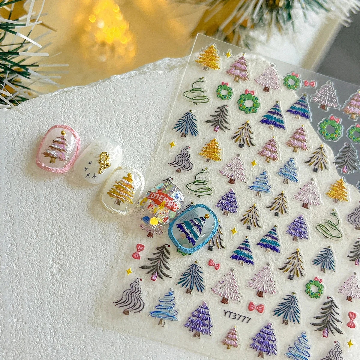 Colorful Christmas Tree Nail Art Stickers Embossed Bow Christmas Wreath Nail Stickers