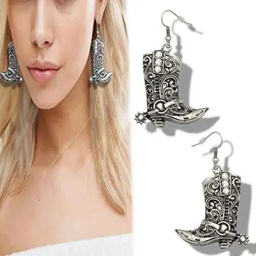 Vintage Fashion Bohemian Two Tone Boots Earrings Western Denim Alloy Irregular Shape Dangle Earrings Ladies Jewelry Gift