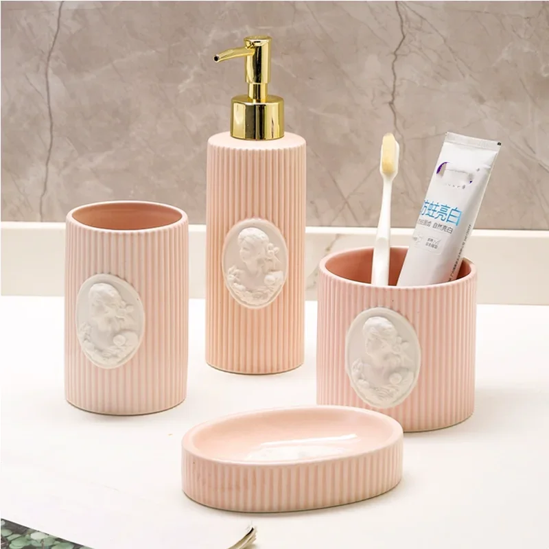 Pink Relief Ceramic Lotion Bottle, Mouthwash Cup, Soap Box, Toothbrush Holder, Toilet Brush, Bathroom Decoration Accessories