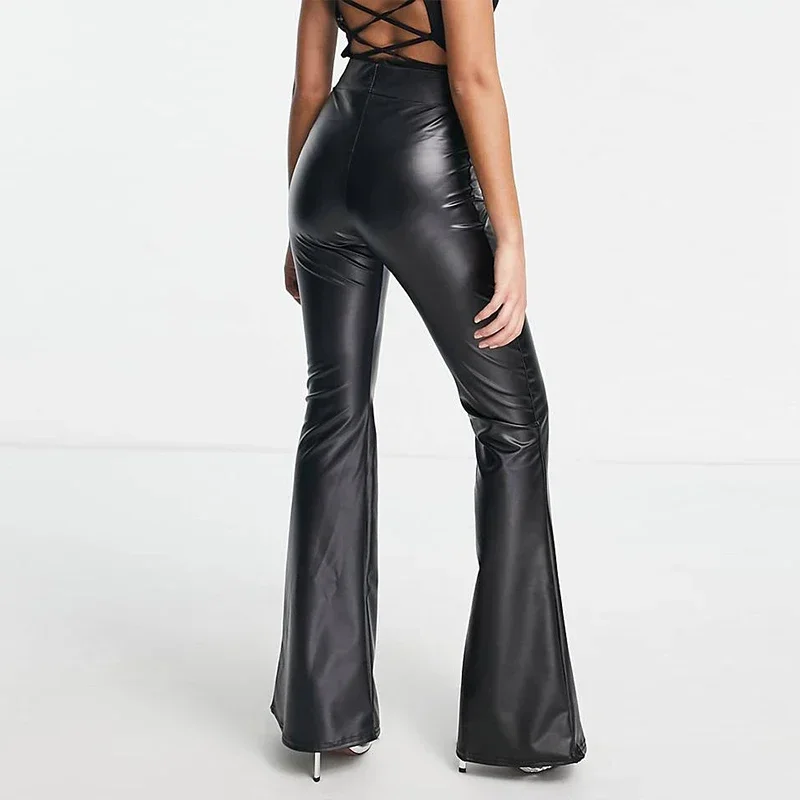 Damen High-Waist Kunstleder Schlaghose, Dehnbar, Schmal Geschnitten, Elegante Schwarze Hose für Party und Halter-Top-Sets – Detail 3
