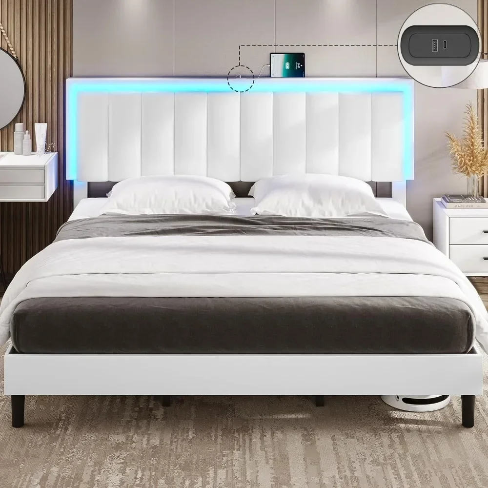 King Size Bed Frame with Led Lights and USB Ports King Led Platform Bed Frame with Faux Leather Adjustable Headboard