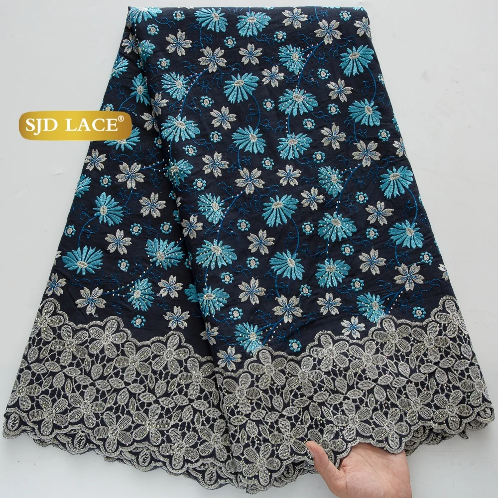 SJD LACE Swiss Voile Lace with Rhinestones 2026 Latest African Nigerian Dry Cotton Lace Fabrics for Women Wedding Dress Sew 5004
