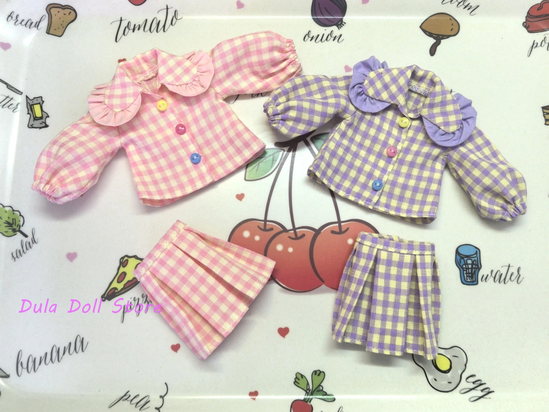Dula Doll Clothes Dress  Pink purple checkered doll collar top and pleated Blythe ob24 ob22 Azone Licca 1/6  Doll Accessories