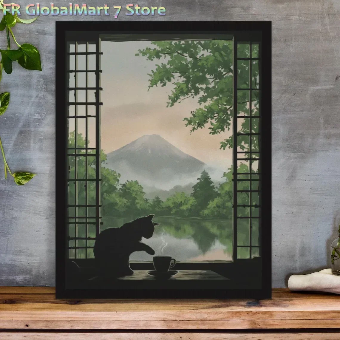 Diamond Painting Japanese-Inspired Cat Window Art Print: Soft Green Calm Morning Landscape,Emerald Green Nature Grass Field De