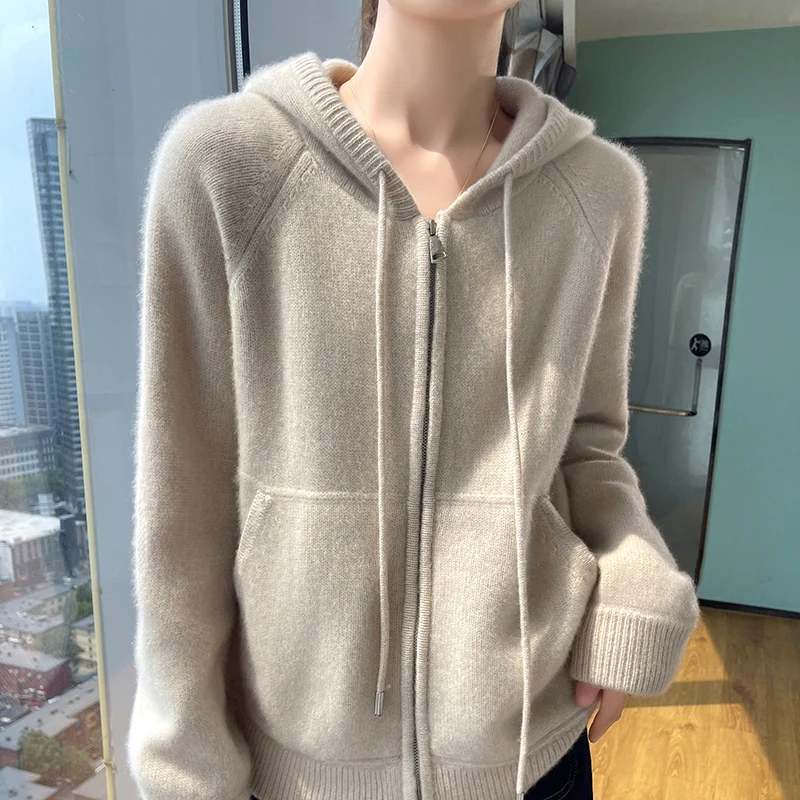 Cashmere Sweater Autumn Winter 100% Pure Wool Sweater Women\'s Hooded Collar Knitted Cardigan Fashion Korean Larg Size Thick Coat