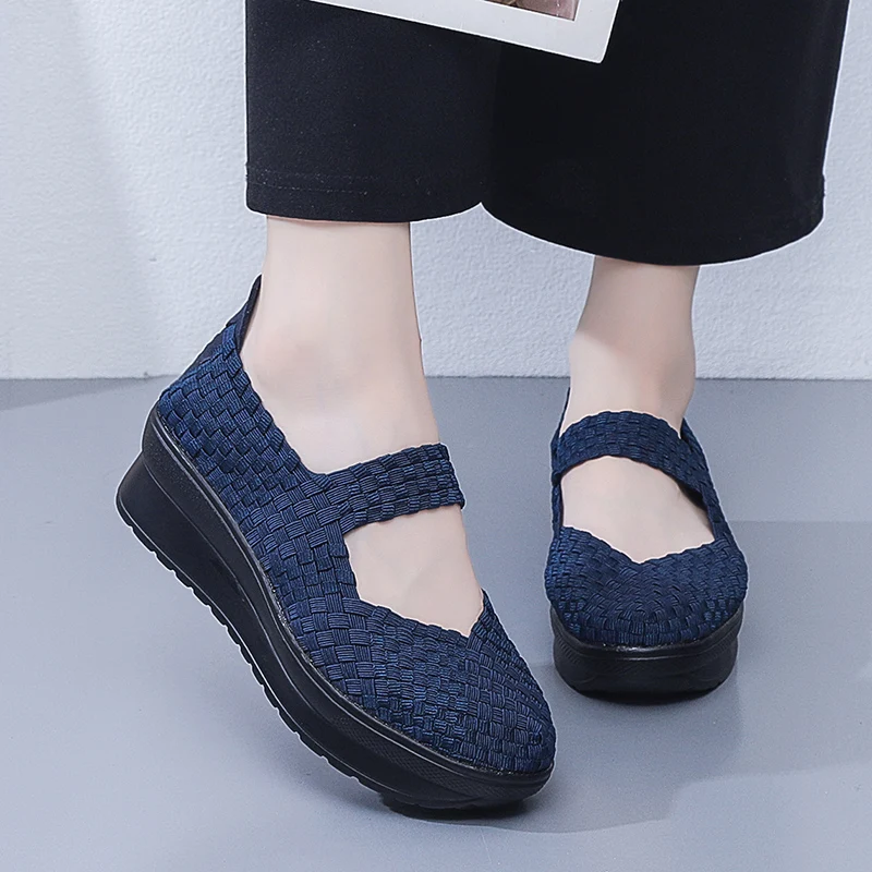 5CM Women Woven Loafers Walking Shoes Sports Outdoor Light Flats Breathable Fitness Sneakers Black Size 35-41