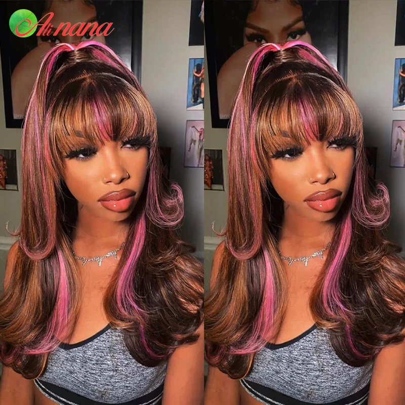 Highlights Brown With Pink Colored 13x4 Lace Frontal Wig Human Hair For Women Straight Body Wave With Bangs Fringe Hairstyle