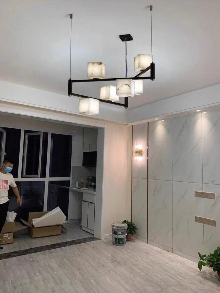 Nordic Simple Modern Natural Marble Bedroom Living Room Full Copper Chandelier Romantic Villa