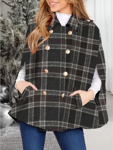 Giacca scozzese da donna Cappotti a mantella invernale doppiopetto Poncho rovesciato con tasche