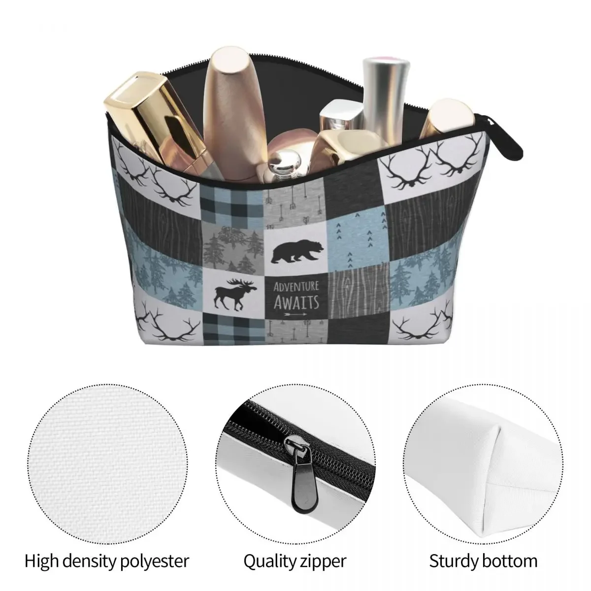 Travel Adventure Awaits Patchwork Blue Toiletry Bag Plaid Cosmetic Makeup Organizer for Women Beauty Storage Dopp Kit Case image 4