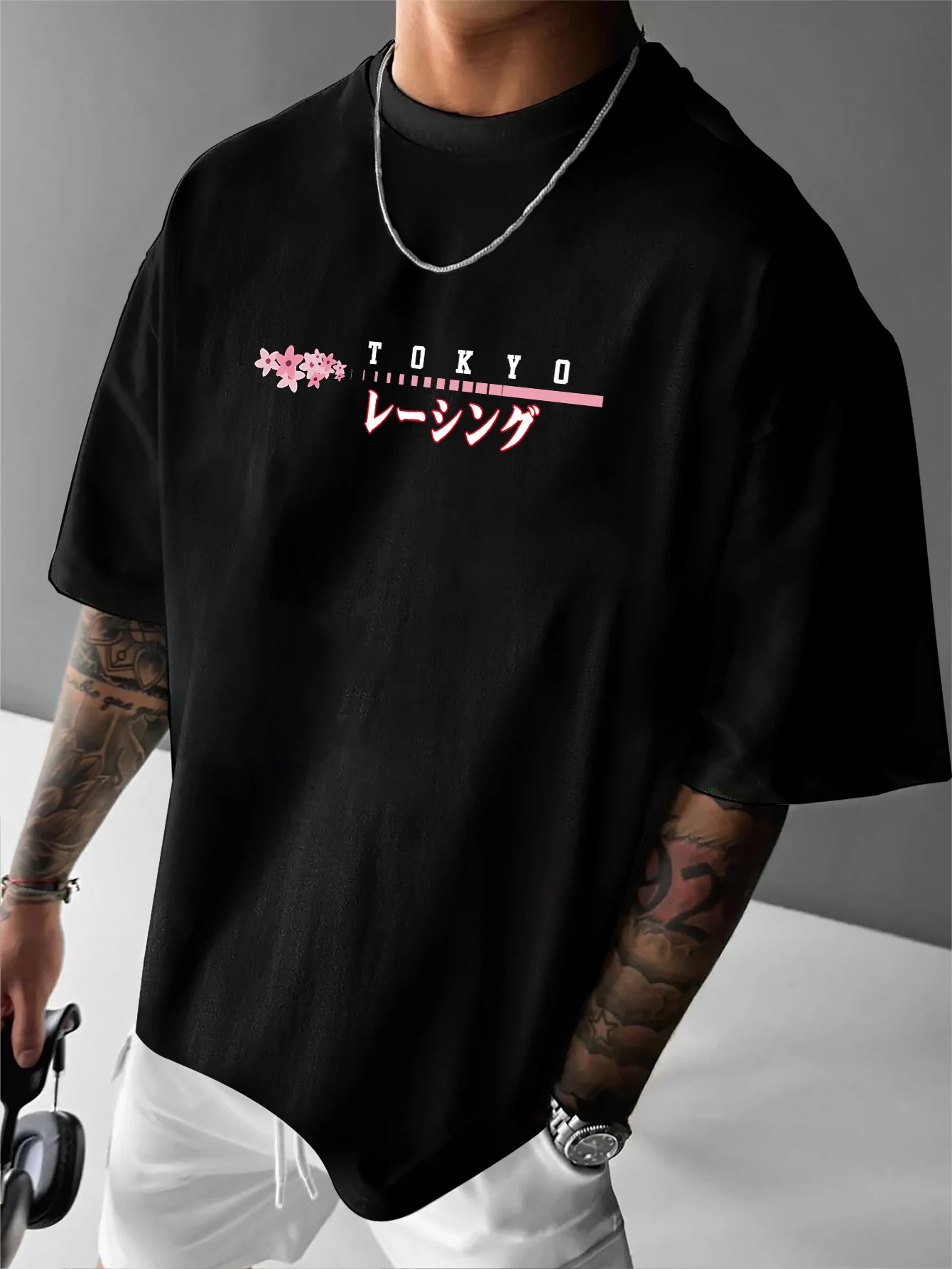 Men's Japanese Street Style Racing Print T-Shirt Cherry Blossom and JDM Car Design Tokyo Speed Team Lettering Quick-dry Tee