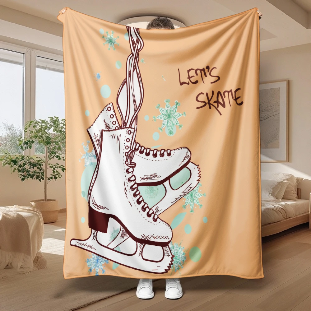 Cute Ice Skate Theme Blanket Throw for Winter Cozy Decor Dorm Room Gift Seasonal Flannel Blanket Bedding