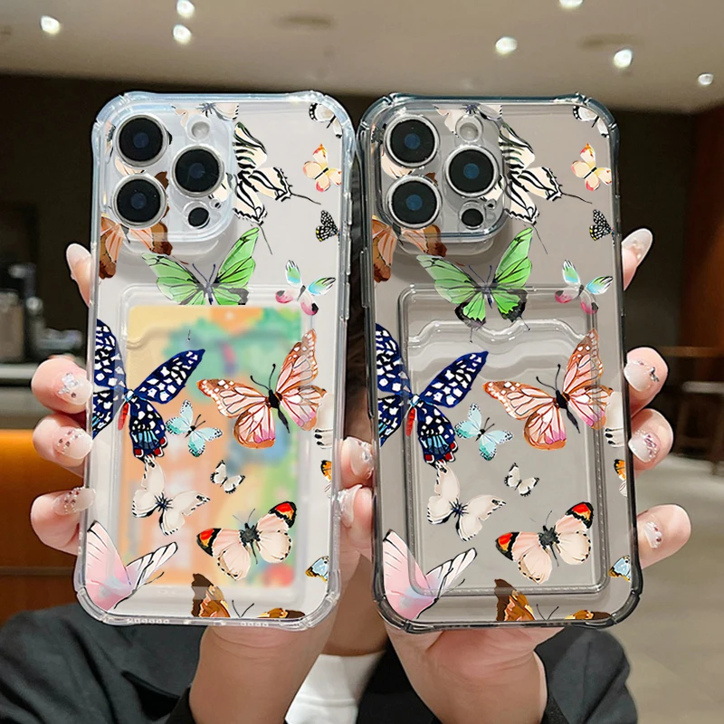 Case For iPhone 16 Pro Max Luxury Card Slot Colorful Butterfly Print Clear Soft Silicone Cover For iPhone 11 12 13 14 15 Pro Max