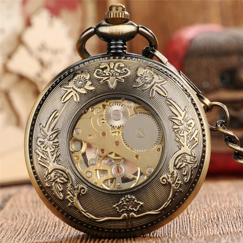 Retro Hollow Out Case Pendant Handwind Mechanical Pocket Watch for Men Women Roman Numeral Dial FOB Chain Clock Timepiece Gift