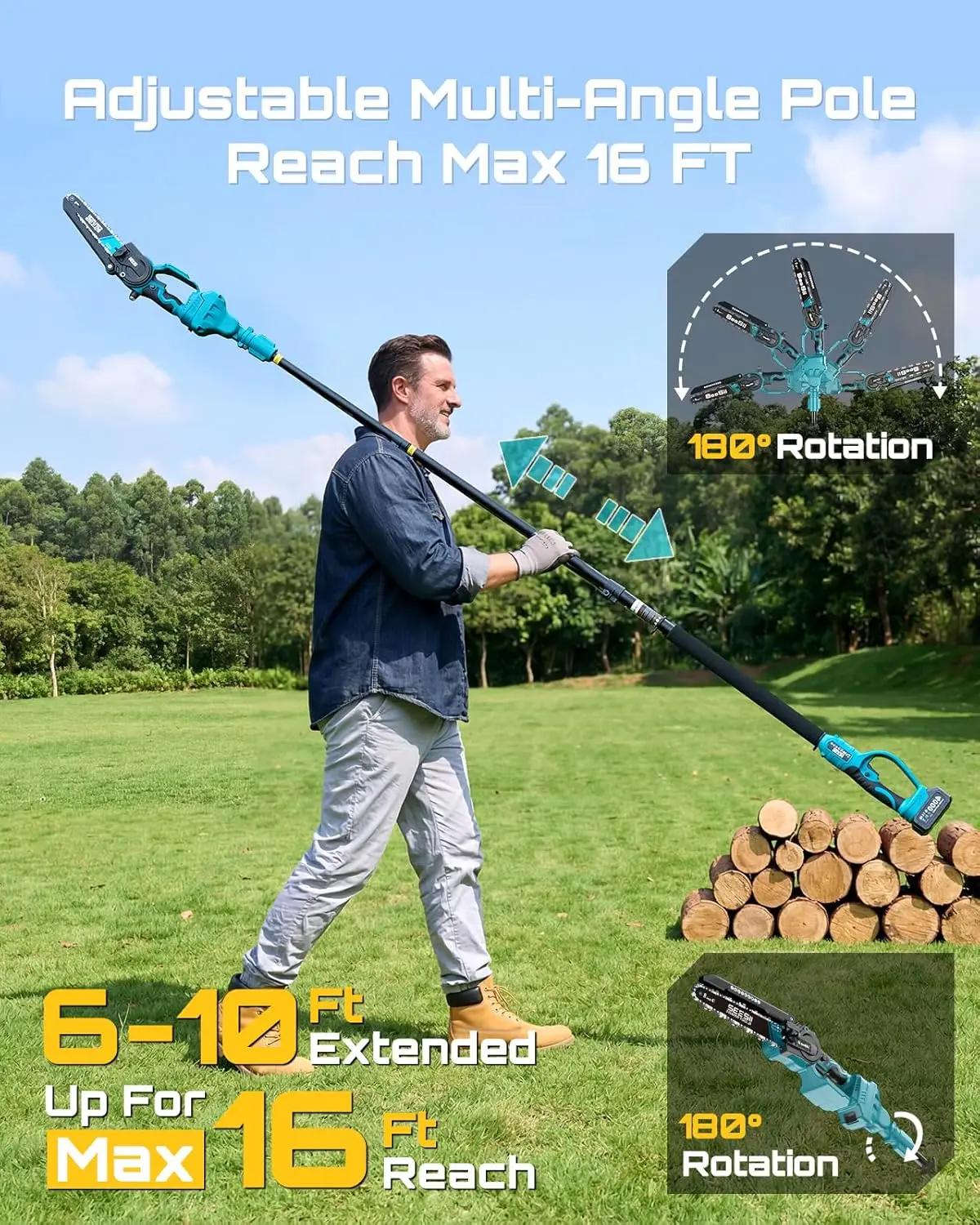 SEESII 8'' Brushless Polesaw Electric Chainsaw with 3M Extension Pole 2 in 1 High Branch Saw Cordless Chainsaw Tree Trimming Limb Cutter Pruner for Makita 18V Battery Pin