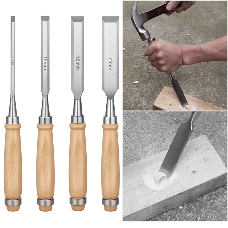 

4Pcs Wood Chisels Set Sharp Chrome-Vanadium Steel Wood Carving Chisels with Beech Handles Ergonomic Wood Carving Tools