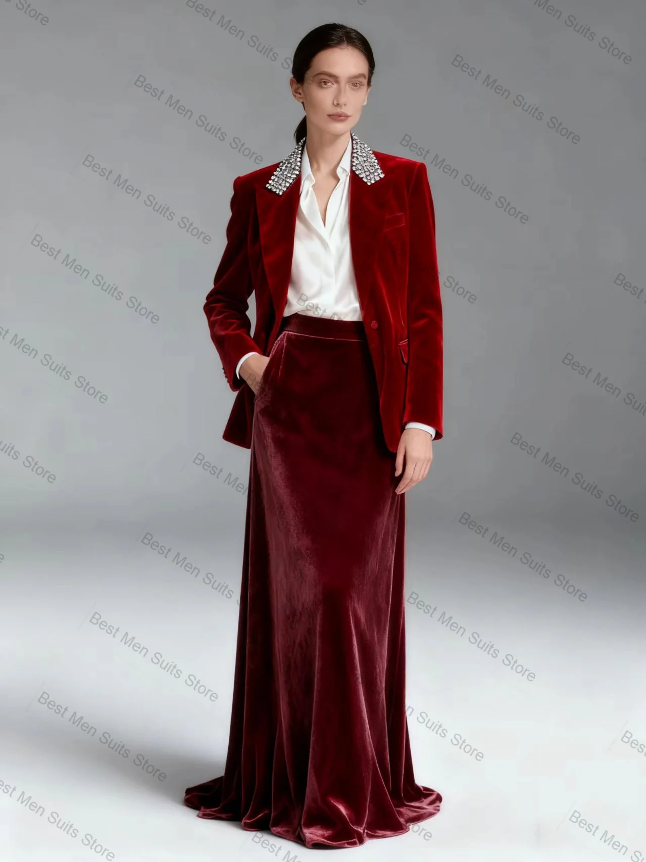

Burgundy Velvet Women Suit Set 2 Pcs Crystals Blazer+Prom Dress Autumn Formal Office Jacket Customized Wedding Guest Party Coat