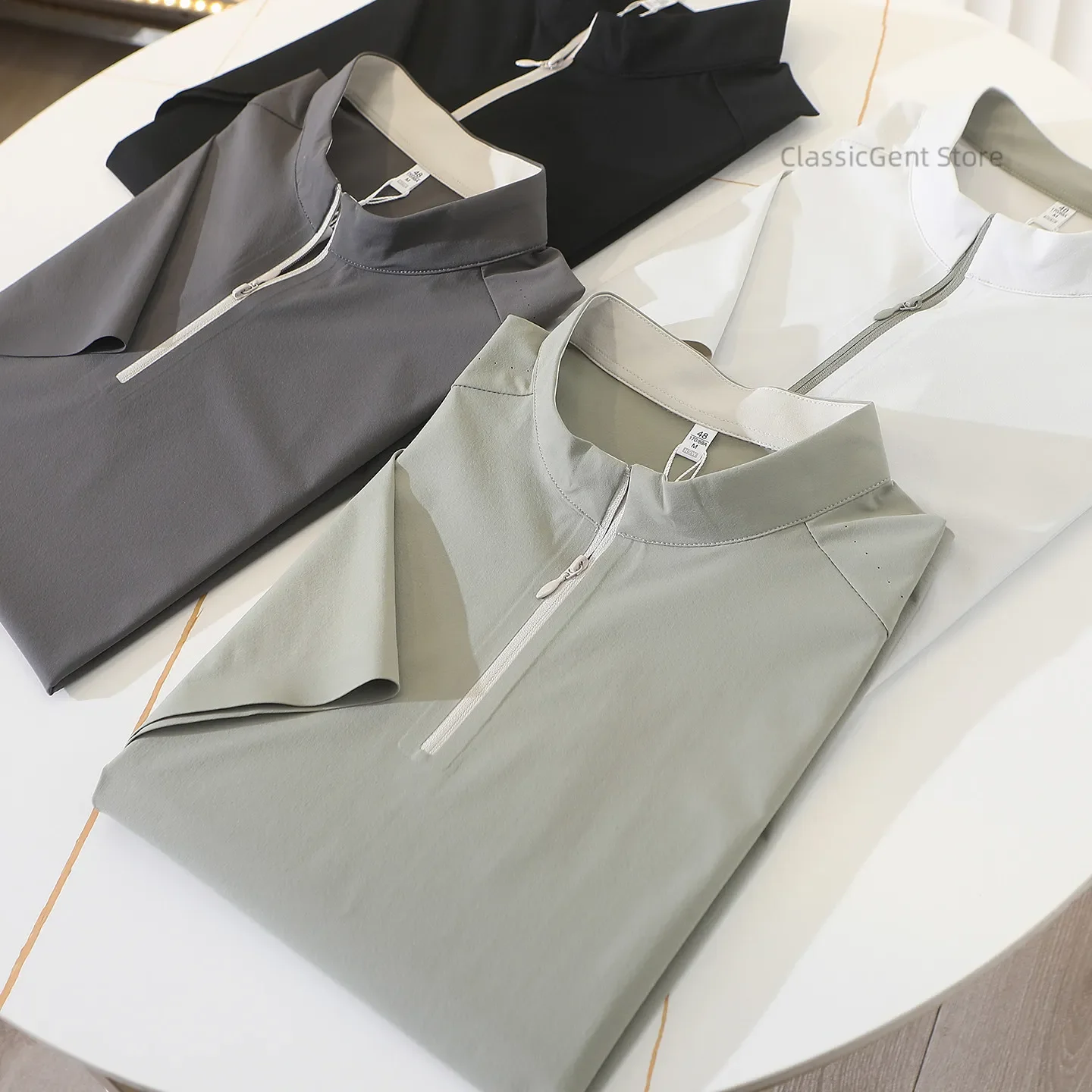 

Summer Cool Antibacterial Sunscreen Men's Outdoor Elastic Sports Breathable Half Zipper Short Sleeve T-Shirt