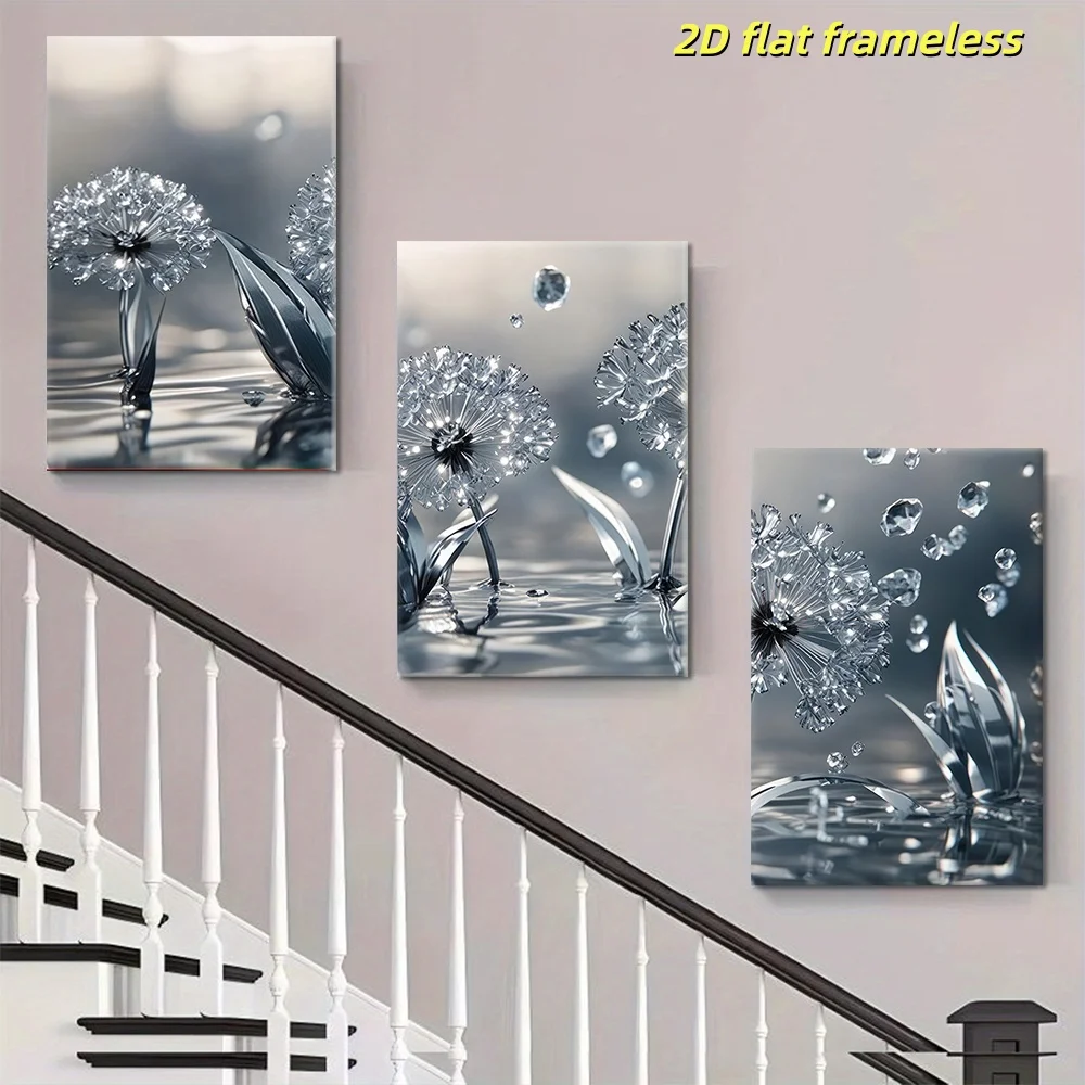 3-piece set of modern minimalist crystal dandelion canvas posters, art decoration for living room, bedroom, and foyer walls, 2D