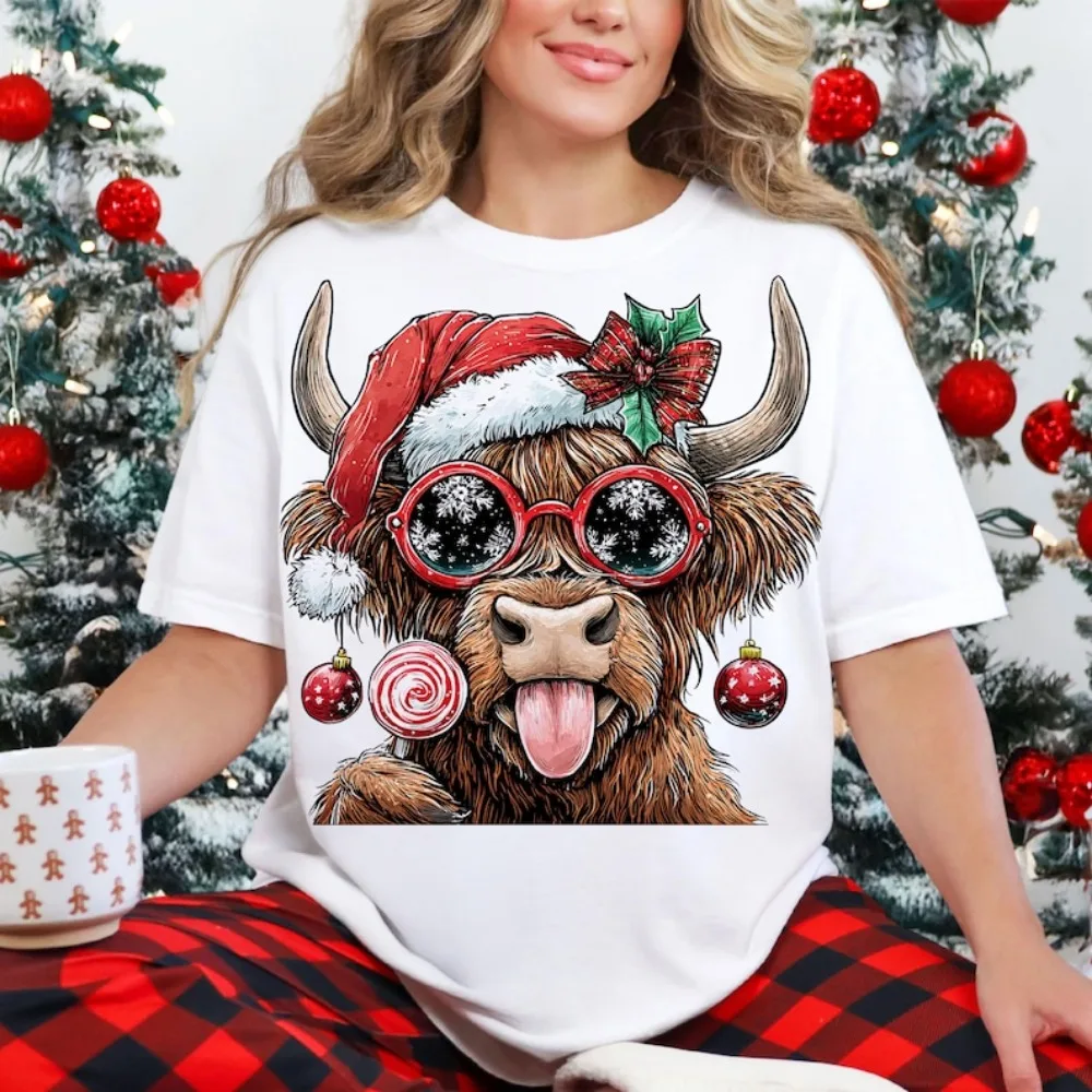 Christmas Coquette Highland Cow Unisex Women T Shirt Western Christmas T Hsirt Highland Cow Tees Harajuku Aesthetic Clothes