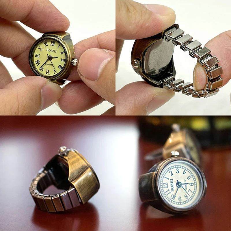 Punk Roman Numeral Dial Quartz Watch Rings for Women Men Couples Vintage Clock Mini Elastic Strap Watches Finger Ring Jewelry