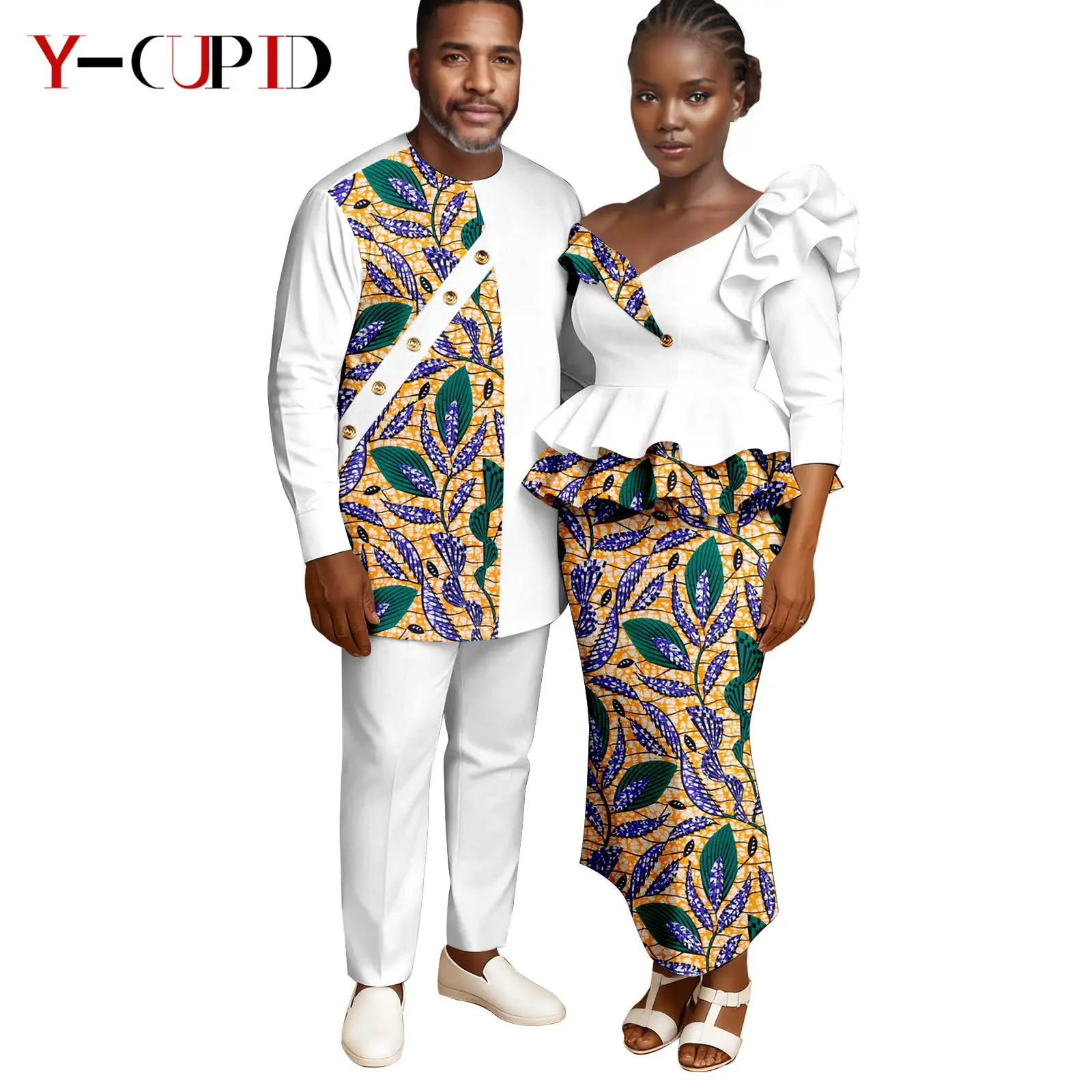 

African Print Ruffles Top and Skirt Sets for Women Matching Couple Clothes Men Outfits Dashiki Top and Pant Sets Party 25C097