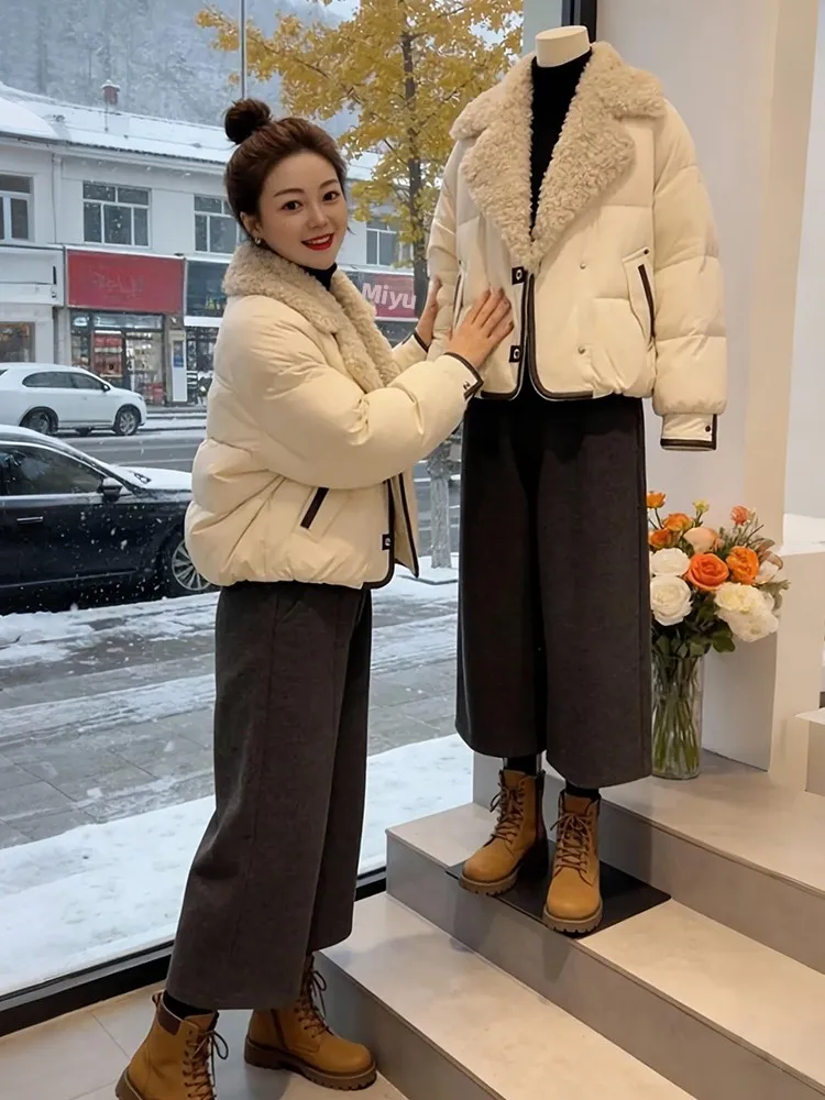 

Женская утепленная хлопковая куртка, короткая модель, теплая, с воротником, зимняя, новая модная верхняя одежда в корейском стиле, свободный крой, с длинными рукавами