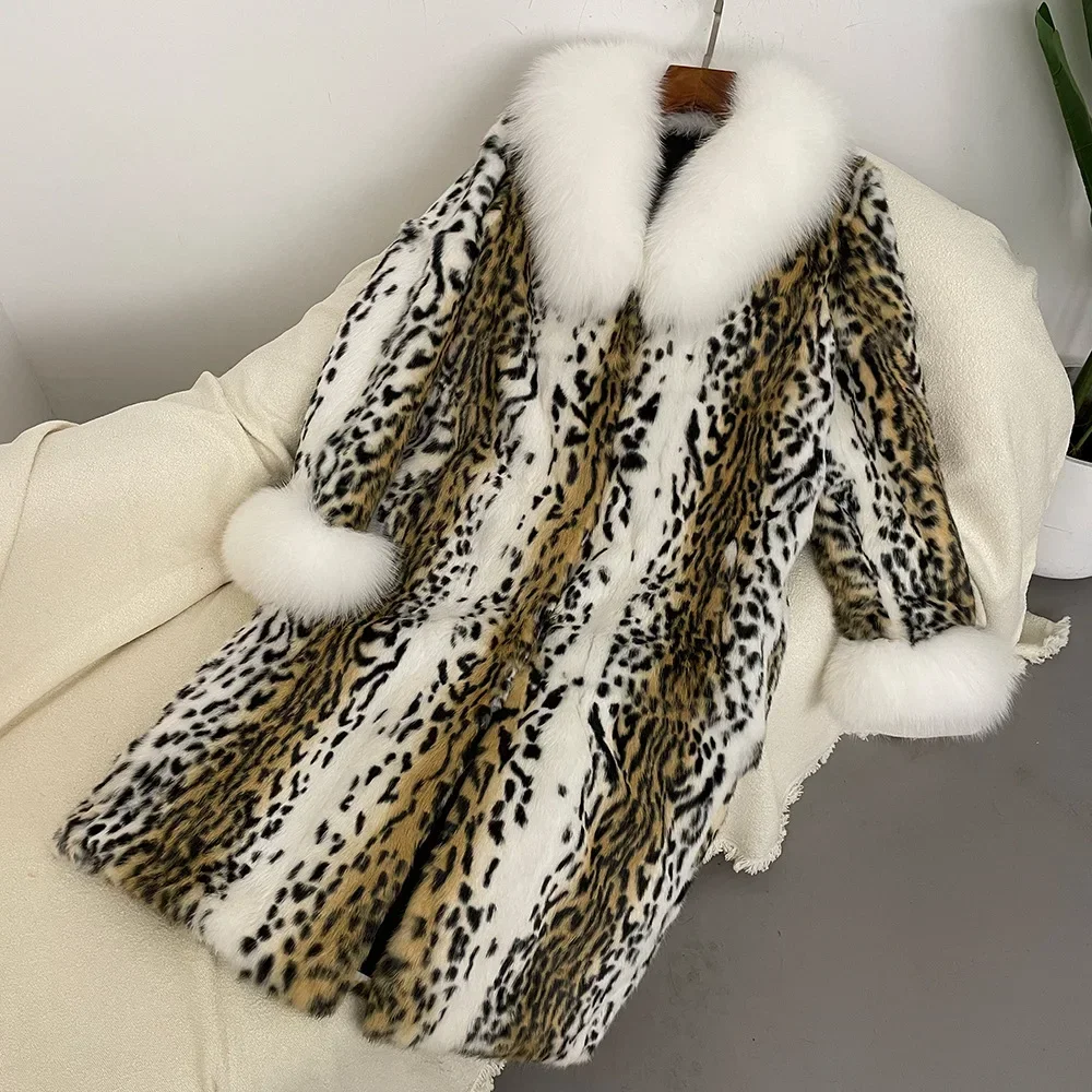 

OFTBUY Natural Rabbit Fur Coat Leopard Print Fox Fur Collar Autumn Winter Long Fashion Thickened Warm fur Coat One-piece Women