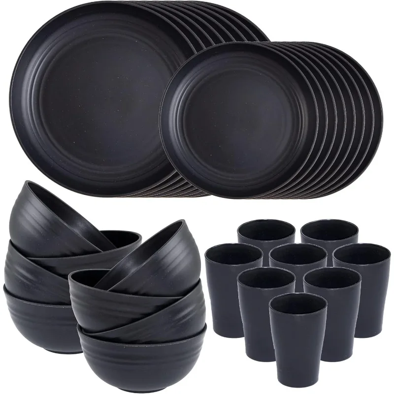 

Wheat Straw Dinnerware Sets,Unbreakable Dinner Plates for 8,Microwave Dishwasher Safe,Reusable Dinnerware,Black Set 16pcs