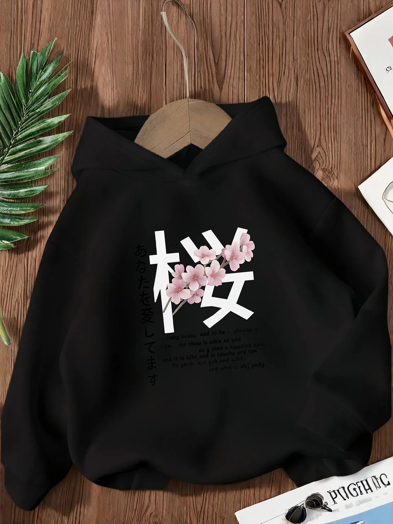 Aesthetic Sakura Kids Hoodie Oriental Floral Japanese Letter Graphic Autumn Winter Fleece Soft Children Fashion Hoodie