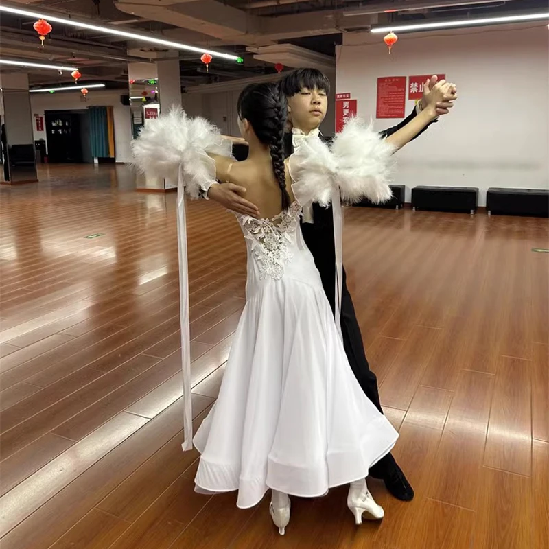 Customized Ballroom Dance Competition Dresses For Women White Lace Big Swing Skirts Waltz Modern Dance Performance Wear Costume