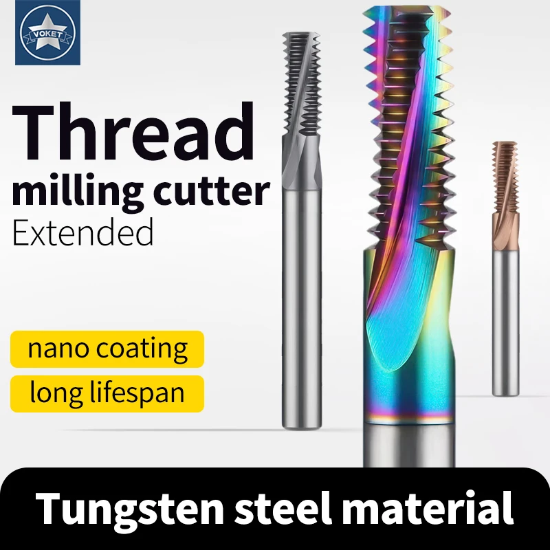 VOKET CNC Full Tooth Tungsten Steel Thread Milling Cutter M2 M3 M4 M5 M6 M8 M10 M12 M14 Machine Solid Carbide Long Shank 100MM
